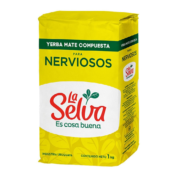 Yerba Mate compuesta para nerviosos de la marca de La Selva. Procedente de la industria uruguaya con un contenido neto de 1 kg.