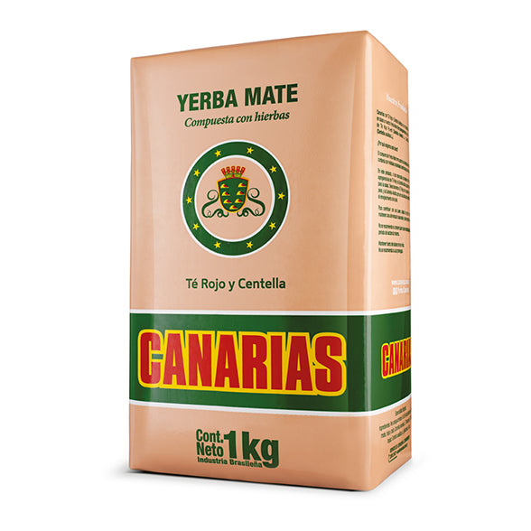 Yerba Mate compuesta con hierbas de té rojo y centella de la marca Canarias. Contenido neto 1 kg.