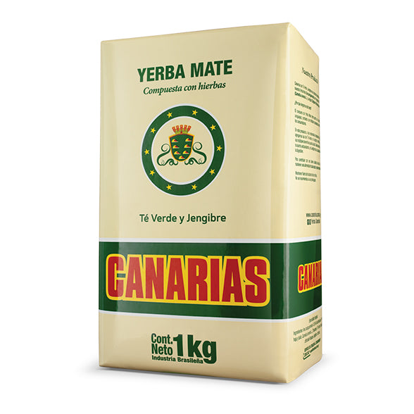 Yerba Mate compuesta con hierbas té verde y jengibre de la marca canarias. Contenido neto 1 kg. Procedente de la industria brasileña.